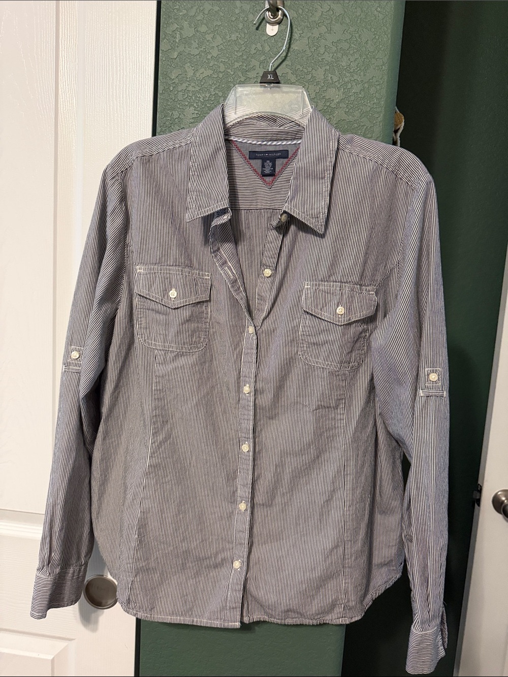 Tommy Hilfiger Blue and White Pinstripe Women’s Button-Up Shirt